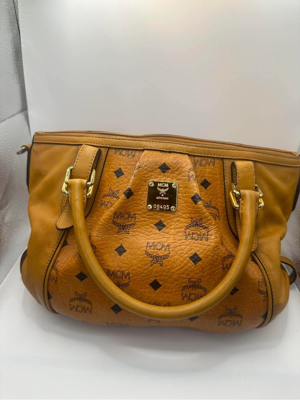 MCM Cognac/Tan Visetos Monogram Satchel with Gold Hardware